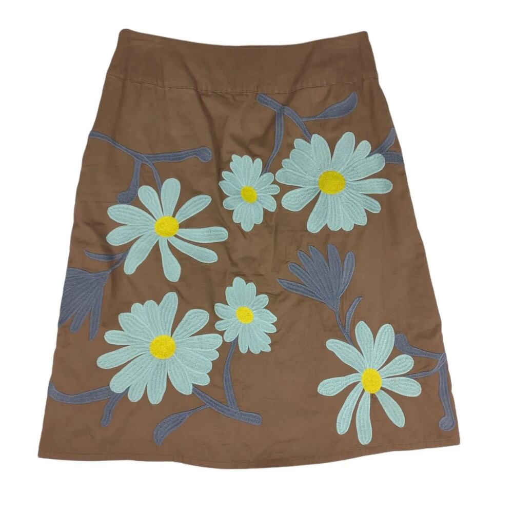 BODEN Women's 6 Embroidered Blue Flower Brown Cotton Knee Length Skirt w Pockets